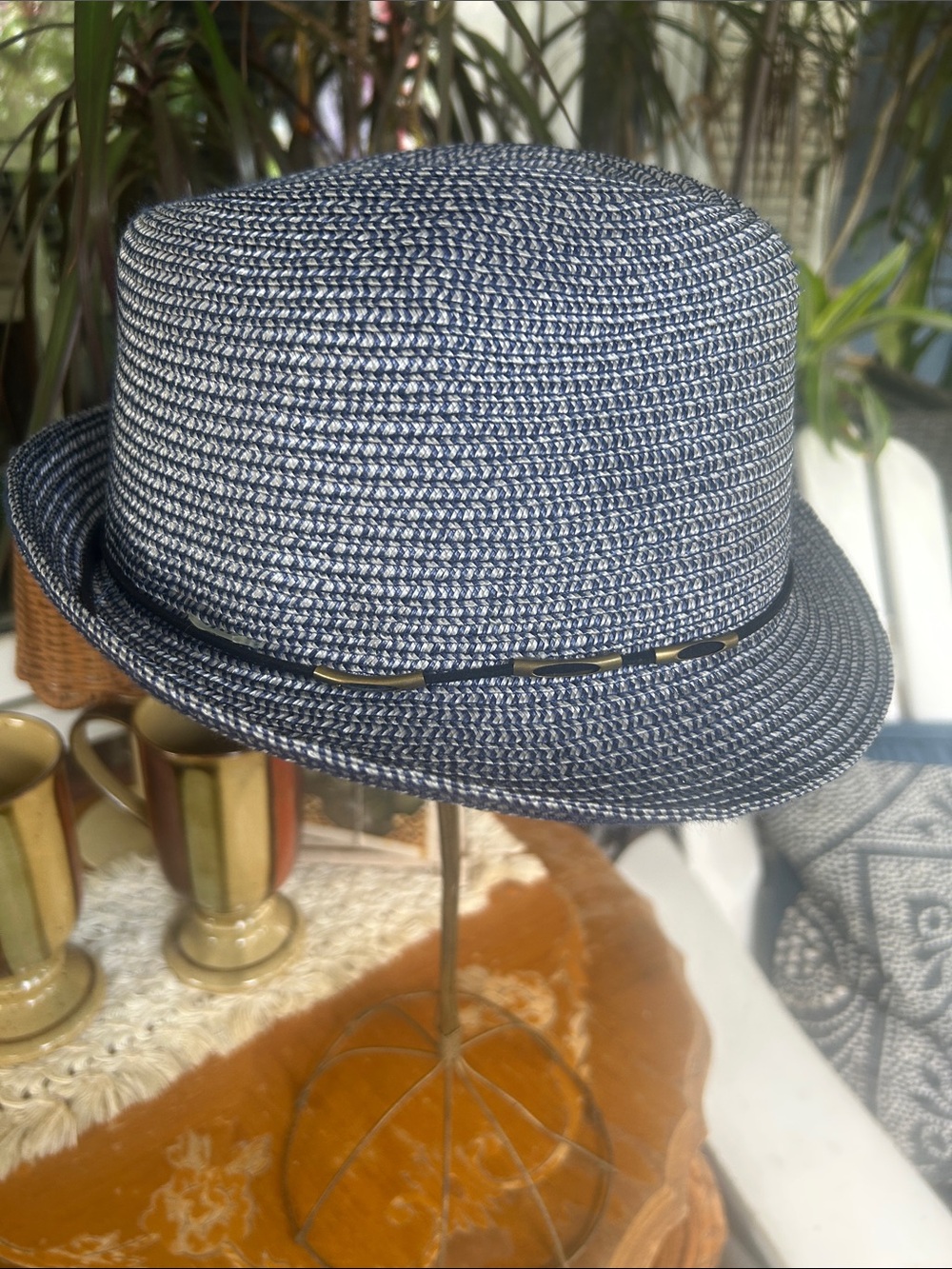 Navy and White Straw Fedora Hat
